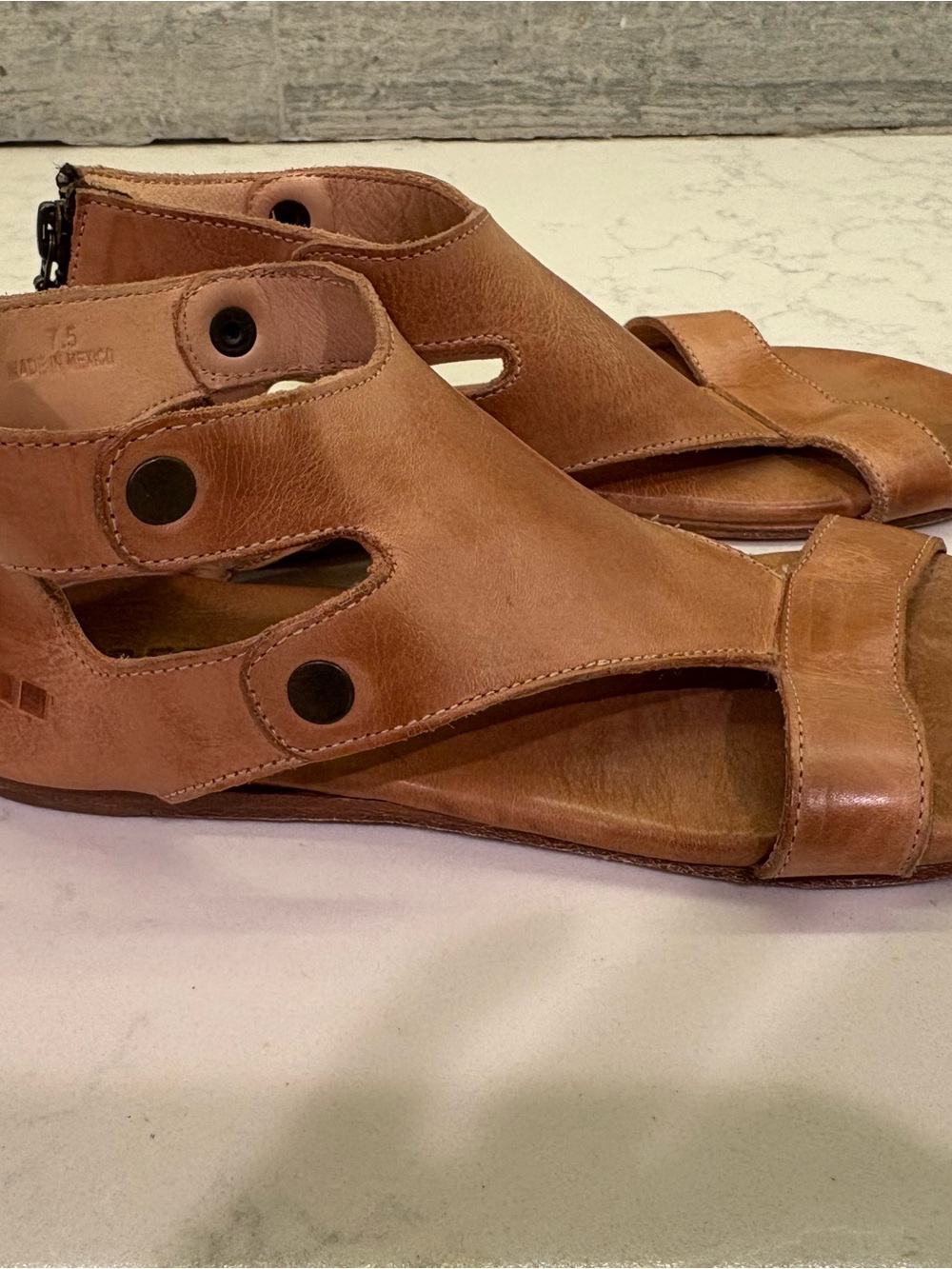 Bed Stu Tan Leather Open-Sandal with Back Zip